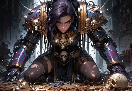 safe_pos, 1girl, solo, 18 year old girl, detailed face:1.4, stunning beauty:1.5, long legs, large body, powerful necromancer:1.3, large saggy breasts, flushed cheeks, fierce expression:1.6, dynamic hairstyle, deep rich (dark purple) hair:1.5, freckles:1.4, power overload:1.5, bone armor, skin tight clothing, torn clothing, gloves, low on waist pelvic curtain, thigh highs, necrotic energy:1.4, lightning, perfect eyes:1.5, dark purple glowing eyes:1.5, piercing gaze, dark round pupils:1.6, exposed thighs, shiny/glossy skin, detailed skin, realistic skin, dynamic pose, crouching amongst bones, holding skull, studying skull, power bursting from body, white sclera:1.5,
BREAK
cathedral, bone piles:1.3, skulls, smoke, torches, braziers,
BREAK
score_9, score_8_up, score_8, masterpiece:1.3, best quality, official art, extremely detailed, CG unity 8k wallpaper, highly detailed, absurdres, high definition, photorealism:1.5, detailed shading, dynamic lighting, high contrast, ambient occlusion, vibrant colors:1.5, saturated colors:1.6, ray tracing,
BREAK
close up shot:1.6, dynamic angle, source_anime, close shot, eyes_focus, cinematic:1.3, epic:1.5,
expressiveh, NightL40K