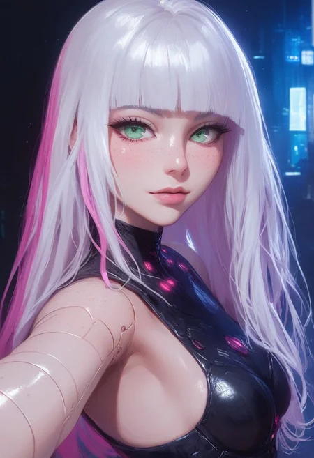 (score_9, score_8_up, score_7_up, score_6_up), sexy girl, semi realistic, cinematic lightings, volumetric lighting, raytracing, shining glossy skin, soft lighting, realistic skin, blum effect, masterpiece, absolutely eye-catching, concept art, realistic, mesmerizing patterned light, creating speckled shadows that add depth to the image
perfect face, high detail, 8k, (maximum resolution), (masterpiece), (extremely detailed), colorful,
1girl, pink hair, freckles, sexy body, (beautiful face:1.1), pretty face, cute face, bubble butt, perfect ass, silk lingerie, lying on bed, selfie, from above, potg
long hair, looking at side, eyes focused on viewer, 1girl, standing, green eyes, female focus, very close-up on face, portrait, intricate details, white hair with fringe, bob cut, outdoors, neon lit street background, night, dynamic pose, grunge punk outfit, flat breasts, cyborg, armor, cyberpunk, robot joints, complex details, mechanical girl
