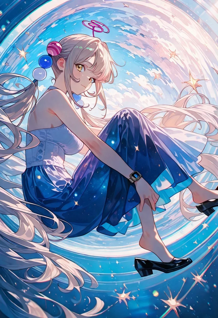 score_9, score_8_up, solo ,(tsukumo_sana) , \(hololive , \(final fantasy ,1girl ,black footwear , ,blue theme , closed mouth , dress , earth (planet) , feet up , from side , full body , glint , hand on own leg , looking at viewer , looking to the side , outside border , reclining , round window , shoe dangle , shoes , sitting in window , spacecraft interior , starry sky print , watch ,
visible through large windows, glowing control panels casting soft blue light, dreamy atmosphere (floating hair:1.2), (chromatic aberration:1.6), (glitch:1.4), (light particles:0.9), (muted colors:1.5), (vibrant colors:0.3), (bright colors:0.4), (glowing sparkles:1.2), (radiant reflections:1.2), (soft light rays:1.3), ethereal and melancholic
newest, year 2024 , very aesthetic , masterpiece , best quality , highres , absurdres , cinematic lighting ,  raytracing , dynamic angle , depth of field , high contrast , colorful , detailed light , light leaks , beautiful detailed glow , best shadow , shiny , intricate details , hyperdetailed , iridescent (artist:yayaziiii) , [artist:tsukushi akihito] , {{artist:miv4t}}