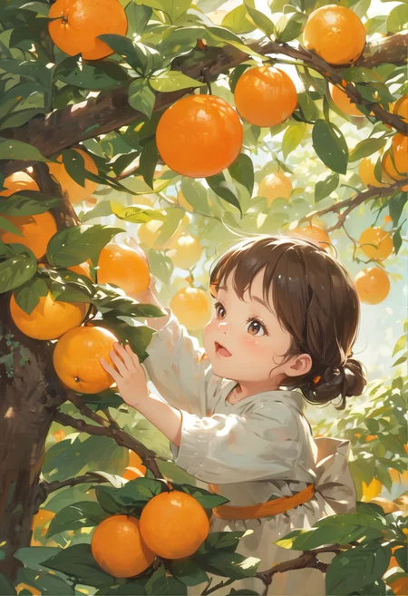cute little girl trying to reach the orange on a tree, happy, cozy and comforting atmosphere, pixiv,