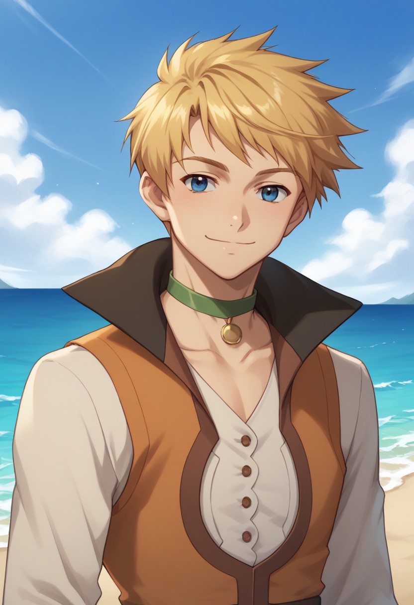 score_9, score_8_up, score_7_up, source_anime, highly detailed,
cecil, 1boy, solo, male focus, green choker, blonde hair, blue eyes, sky, cloud, choker, day, smile, ocean, shirt, 
vest, upper body,
