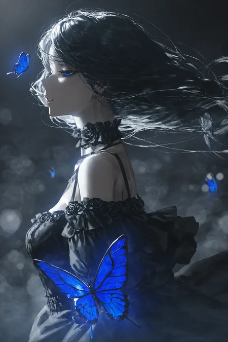 (artist:betabeet:1.2),artist:john_kafka,artist:nixeu,artist:quasarcake,masterpiece,best quality,solo,
monochrome,spot color,blue and black theme,dark,upper body,side face,sad,parted lips,floating hair,black dress,bare shoulder,gothic,black rose,thistles and thorns,flora,(black and thick liquid:1.331),fog,blue butterfly,underlighting,bokeh,blurry background,strong visual impact,film lighting,from side,