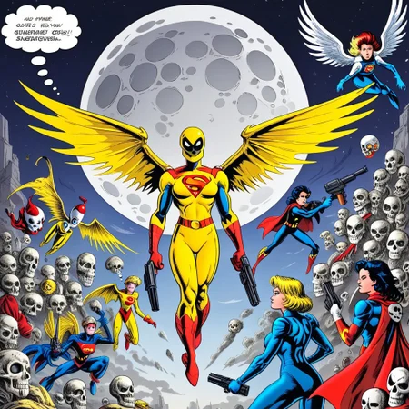 yellow bodysuit, dc, animification, super hero, holding weapon, multiple girls, thought bubble, holding gun, wings, moon, super girl, robot, skull, classic comics from the 90s, silk