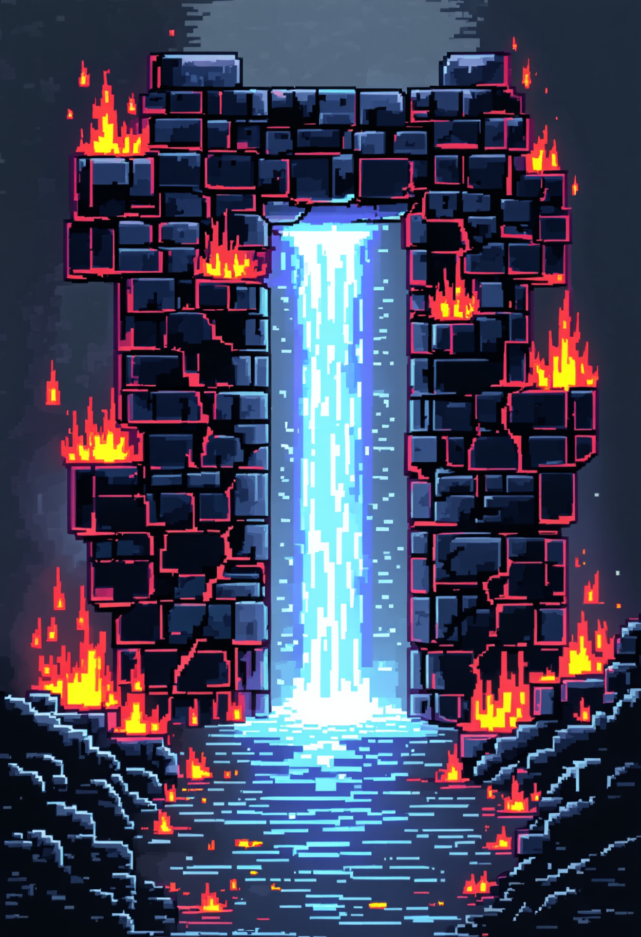 You are an assistant designed to generate superior images with the superior degree of image-text alignment based on textual prompts or user prompts.  <Prompt Start> An 8-bit retro pixel-art work featuring an obsidian gate made from floating blocks covered in cracks with a flood of light pouring out. Surrounded by fire. With an eerie mood accompanying the misty glow of the surroundings. The pixel-art work's style is low-res, blocky and pixelated, featuring pixel shading techniques as well as arcade graphics. The color concept is characterized by limited shades in clashing contrast to each other.
