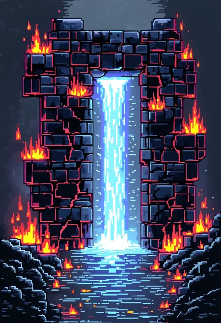 You are an assistant designed to generate superior images with the superior degree of image-text alignment based on textual prompts or user prompts. <Prompt Start> An 8-bit retro pixel-art work featuring an obsidian gate made from floating blocks covered in cracks with a flood of light pouring out. Surrounded by fire. With an eerie mood accompanying the misty glow of the surroundings. The pixel-art work's style is low-res, blocky and pixelated, featuring pixel shading techniques as well as arcade graphics. The color concept is characterized by limited shades in clashing contrast to each other.