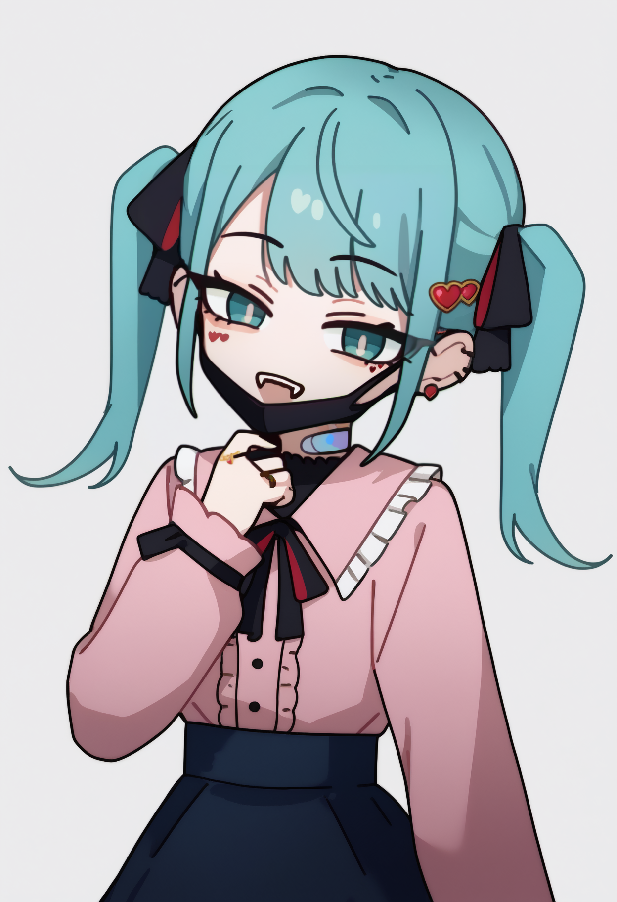 score_9, score_7_up, <break> simple background, white background, solo, 1girl, vampiremiku, heart facial mark, fangs, smile, open mouth, looking at you, standing, aqua hair, twintails, heart hair ornament, hair ribbon, black ribbon, aqua eyes, half-closed eyes, jirai kei, frills, pink shirt, frilled shirt collar, long sleeves, black skirt, ear piercing, earrings, black mask, mouth mask, bandaid on neck, ring
 <segment:yolo-face_yolov8m.pt,0.4,0.5//cid=1>