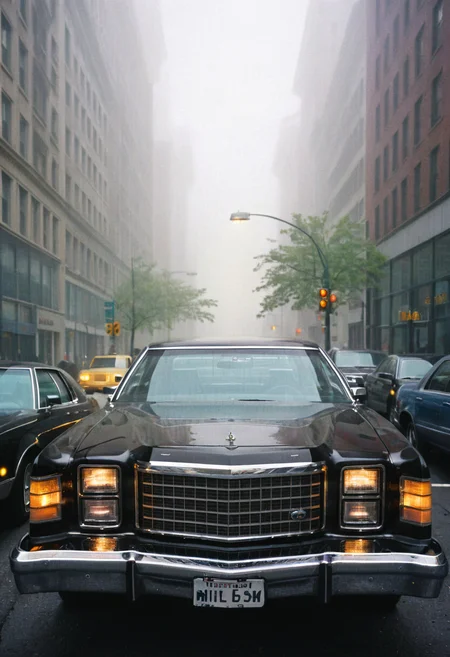 ClassicMuscleCar, gleaming black Ford LTD, front view, New York avenue, foggy morning, 4K, highly detailed, (stylish grainy analog 35mm film photo)