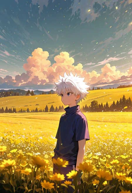Killua Zolyck, HxH, 1boy, male focus, white hair, blue eyes, calm expression, standing in a sunlit meadow, wildflowers, gentle breeze, bright sky with fluffy clouds, soft shadows, cool but warm color palette, nature background, masterpiece, best quality, very aesthetic, absurdres, newest, photo-referenced, detailed lighting, detailed shading, detailed background, detailed foreground, detailed clothing, detailed eyes