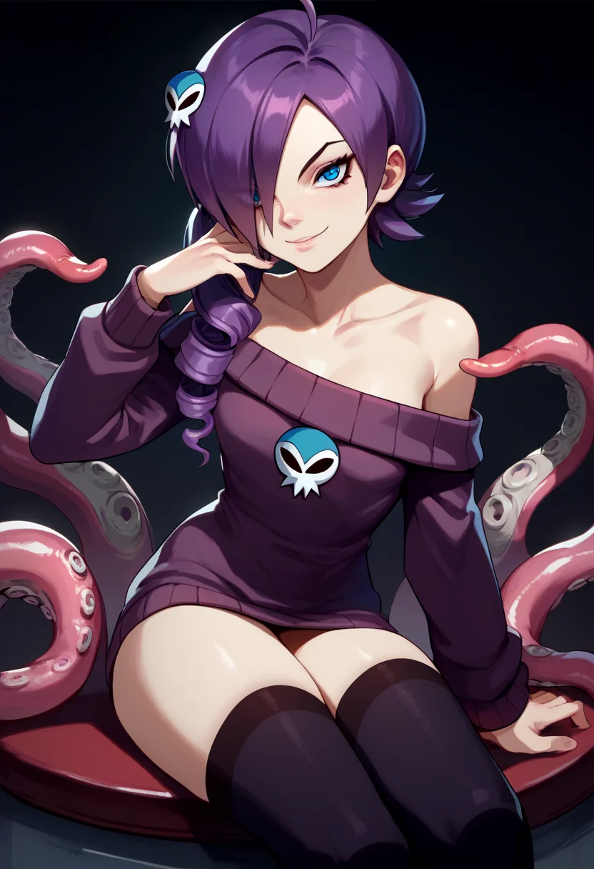 score_9, score_8_up, score_7_up, source_anime, solo, 1girl, zone-tan, seductive smile, looking at viewer, hand on own cheek, hair over one eye, ahoge, drill hair, skull hair ornament, off-shoulder sweater, thighhighs, tentacles <lora:zonearchive_zone-tan_ponyXL:1>