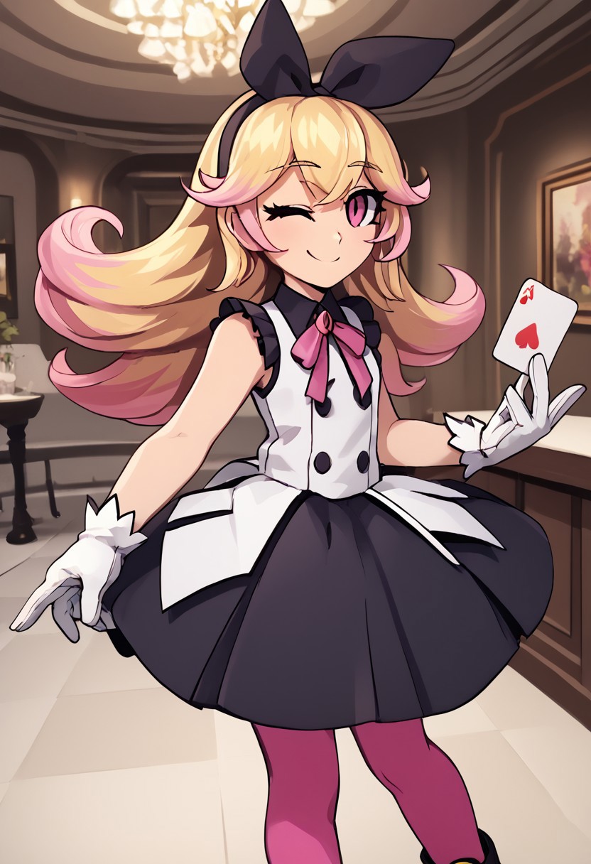 score_4,score_5,score_6,score_7_up,score_8_up,score_9
((masterpiece,best quality,ultra detailed,highres,HD,4k:1.2)),
1girl,solo,
dark pink eyes, blonde hair, long hair, hairband, ribbon, multicolored hair, pink hair tips, bangs, ribbon on clothes, pink pantyhose, white gloves, gloves, sleeveless dress, frilly dress, black footwear, black shoes,
standing,Indoors, luxurious interiors,holding a playing card, smile, wink,