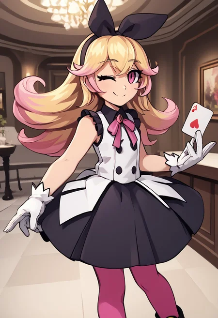 score_4,score_5,score_6,score_7_up,score_8_up,score_9
((masterpiece,best quality,ultra detailed,highres,HD,4k:1.2)),
1girl,solo,
dark pink eyes, blonde hair, long hair, hairband, ribbon, multicolored hair, pink hair tips, bangs, ribbon on clothes, pink pantyhose, white gloves, gloves, sleeveless dress, frilly dress, black footwear, black shoes,
standing,Indoors, luxurious interiors,holding a playing card, smile, wink,