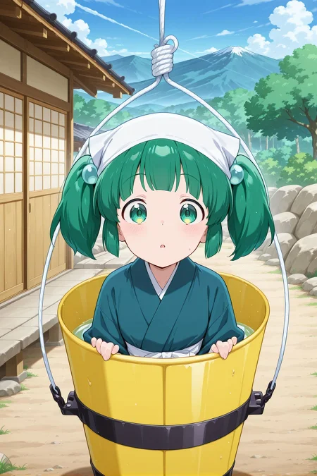 absurdres, highres, masterpiece, best quality, amazing quality, official anime artwork, screencap, anime screencap, outdoors, looking at viewer, midair, surprised,
<lora:Kisume_Illustrious:1> kisume, 1girl, solo, green eyes, green hair, short hair, short twintails,, kisume \(bath bucket\), alternate costume, hair bobbles, white headwear, headscarf, japanese clothes, white shirt, blue kimono, wide sleeves, white rope, yellow bucket, in bucket,
