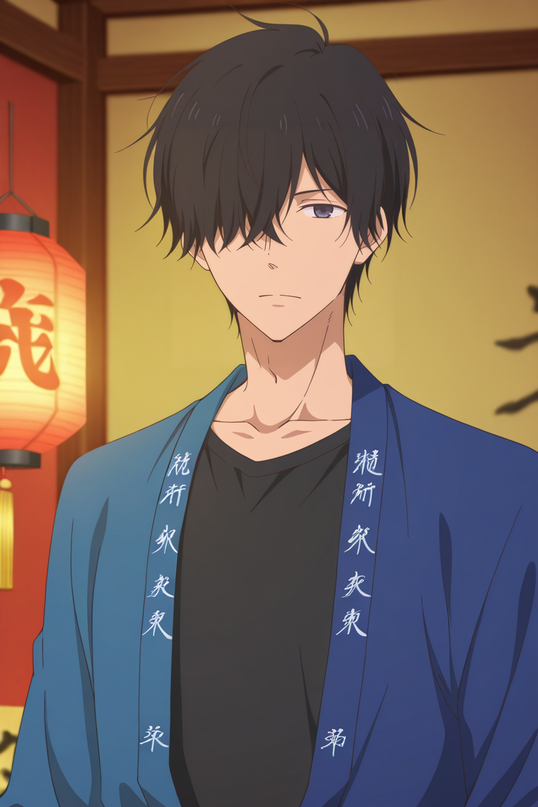 masterpiece, best quality, amazing quality,high resolution, intricate details,official style,depth of field,anime screencap,anime coloring , , , 1boy, solo, male focus, <lora:Nezu_Chuukichi:0.88>,nezu chuukichi,black hair,dark gray eyes,short hair,hair over eye,looking at viewer,t-shirt,blue jacket,closed mouth,traditional clothes,collarbone, upper body, Japanese clothes, indoors,lantern,paper lantern