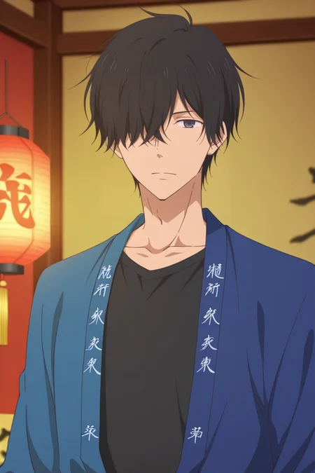 masterpiece, best quality, amazing quality,high resolution, intricate details,official style,depth of field,anime screencap,anime coloring , , , 1boy, solo, male focus, <lora:Nezu_Chuukichi:0.88>,nezu chuukichi,black hair,dark gray eyes,short hair,hair over eye,looking at viewer,t-shirt,blue jacket,closed mouth,traditional clothes,collarbone, upper body, Japanese clothes, indoors,lantern,paper lantern