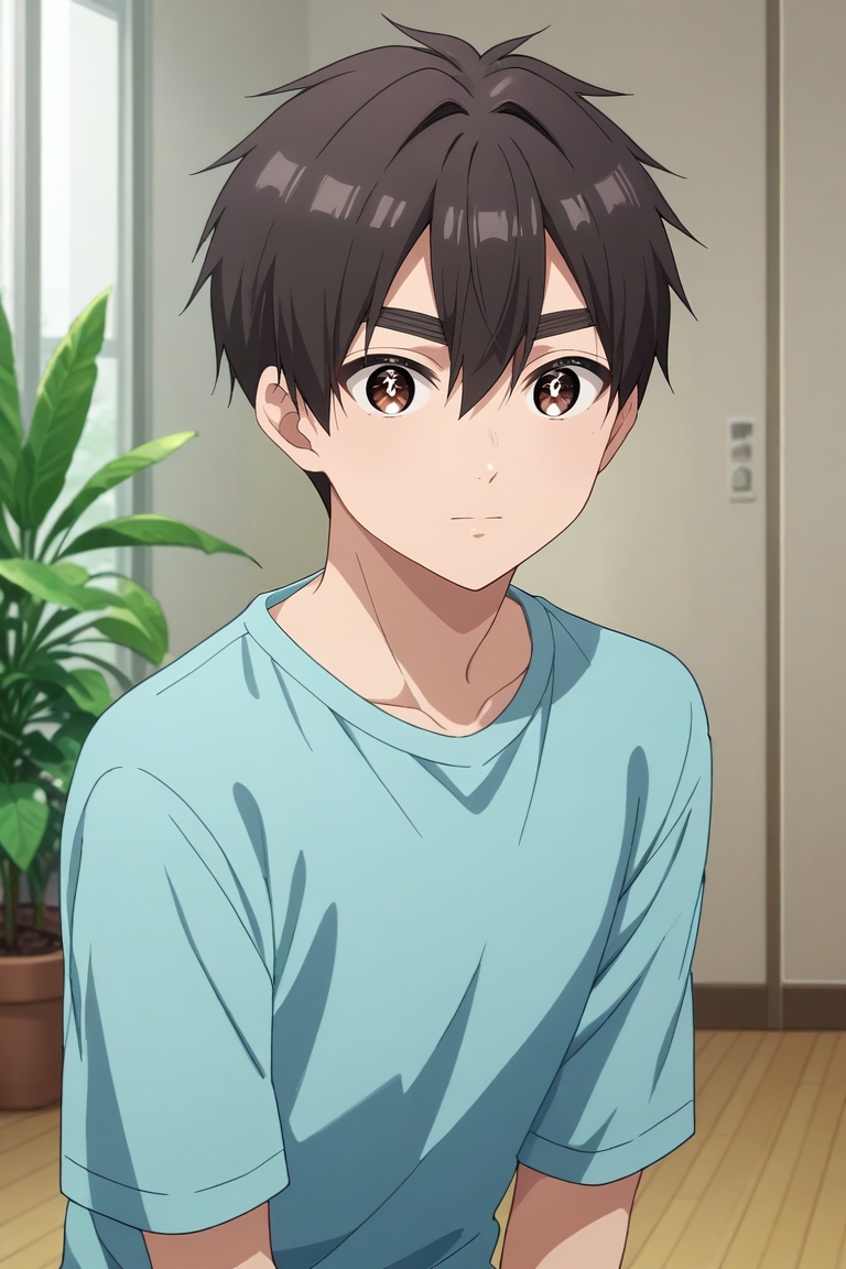 score_9, score_8_up, score_7_up, source_anime, rating_safe, intricate details, anime screencap, , , , , 1boy, solo, male focus, <lora:rentarou_aijou_pony:0.78>, rentarou_aijou, black hair, brown eyes, short hair, , hair between eyes, bangs, close-up, living room, plant, indoors, dark, kneeling, sparkling eyes, , <lora:sdxl_lightning_8step_lora:1>