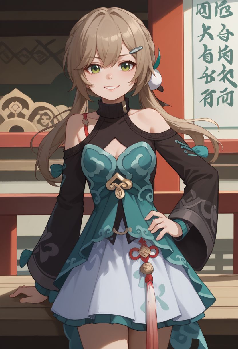 score_9, score_8_up, score_7_up, source_anime, 1girl, qingquedef, green eyes, brown hair, long hair, twintails, braid, hair ornament, hairclip, small breasts, bare shoulders, shoulder cutout, clothing cutout, cleavage cutout, turtleneck, dress, long sleeves, skirt, tassel, standing, smile, looking at viewer, indoors, shrine, close-up, facing viewer, hand on hip, upper body, <lora:Qingque_v1-000010:1>
