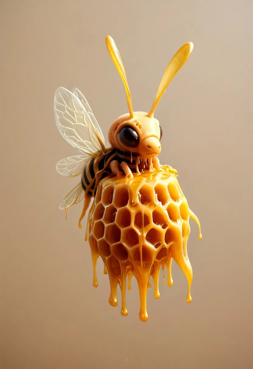 score_9, octopus | bee | seahorse, hybrid, hyperrealism, realistic, insect wings, facette eyes, BREAK score_9, score_8, (score_7:0.5), (score_6:0.5), score_6_up, score_7_up, BREAK honeycomb workshop covered in honey, dripping, sticky, golden nectar, <lora:ral-hnycmb:1> ral-hnycmb