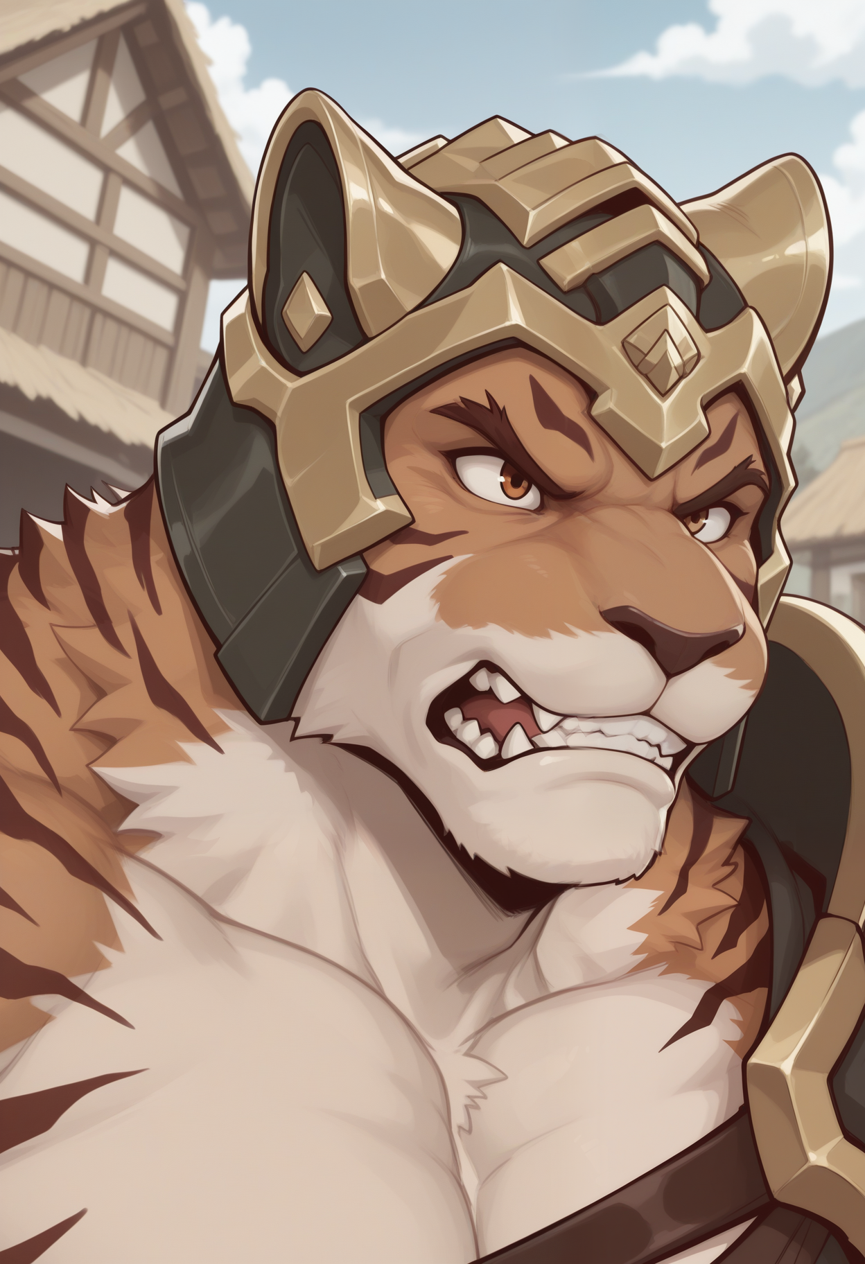 masterpiece,best quality,amazing quality, 1boy, solo, yu, tiger boy, single pauldron, advanced head armor, close up, side angle, angry,
village,