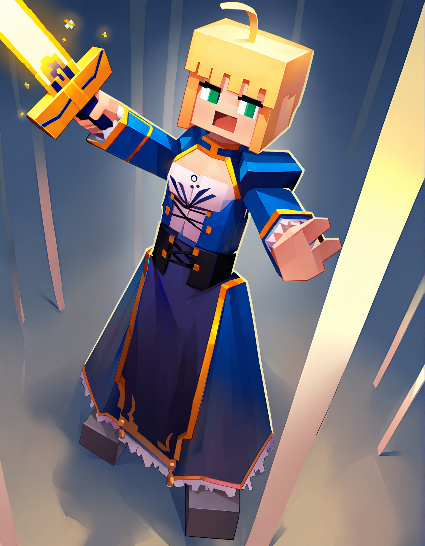 officialminecraft, 1girl, solo, saber \(fate\), holding sword,
very awa, masterpiece, best quality, year 2024, newest, highres, absurdres, <lora:minecraft-style-noobai-epspred11:1>