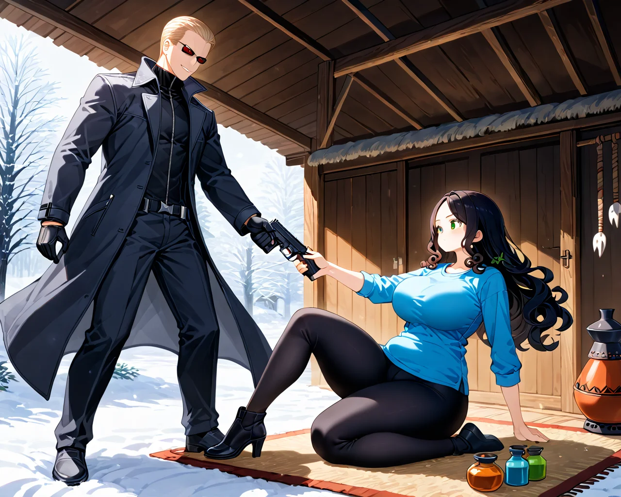 score_9, score_8_up, score_7_up, score_6_up, source_anime, ah1, (((duo, fight, 1boy and 1girl, size difference, height difference))), <lora:WeaponPoses-xl1024-v3a-0__p0s3s_w34p0n:1> p0s3_w34p0ns, (__ETOscenery__),
BREAK <lora:albertwesker-guy-PONYv1:1> albertwesker, albert wesker, 1boy, blonde, black gloves, sunglasses, long coat, trench coat, black coat, looking at another, toned, athletic, fit, slicked back hair, black turtleneck, zipper, mature male, (graphene textured clothes:1.7), (((sadistic smile, red eyes))), (motion lines:1.8), tall boy, holding weapon, handgun, gun,
BREAK 1girl, (curly hair), (long hair:1.2), (black hair), mature female, (parted hair:1.7), (round face), (no_bangs:1.3), (no_fringe:1.6), looking at another, (thick eyebrows), (curvy), round-chin, (dark olive green eyes), caucasian, down-turned eyes, <lora:ETO_OCPonyXL:0.5> eto_oc, skindentation, short girl, busty, voluptuous, (blue shirt, black yoga pants), puckered lips, bursting breasts, bouncing breasts, from side, holding weapon, gun, angry, smug,