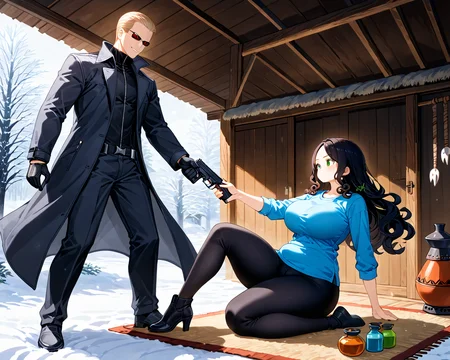 score_9, score_8_up, score_7_up, score_6_up, source_anime, ah1, (((duo, fight, 1boy and 1girl, size difference, height difference))), <lora:WeaponPoses-xl1024-v3a-0__p0s3s_w34p0n:1> p0s3_w34p0ns, (__ETOscenery__),
BREAK <lora:albertwesker-guy-PONYv1:1> albertwesker, albert wesker, 1boy, blonde, black gloves, sunglasses, long coat, trench coat, black coat, looking at another, toned, athletic, fit, slicked back hair, black turtleneck, zipper, mature male, (graphene textured clothes:1.7), (((sadistic smile, red eyes))), (motion lines:1.8), tall boy, holding weapon, handgun, gun,
BREAK 1girl, (curly hair), (long hair:1.2), (black hair), mature female, (parted hair:1.7), (round face), (no_bangs:1.3), (no_fringe:1.6), looking at another, (thick eyebrows), (curvy), round-chin, (dark olive green eyes), caucasian, down-turned eyes, <lora:ETO_OCPonyXL:0.5> eto_oc, skindentation, short girl, busty, voluptuous, (blue shirt, black yoga pants), puckered lips, bursting breasts, bouncing breasts, from side, holding weapon, gun, angry, smug,