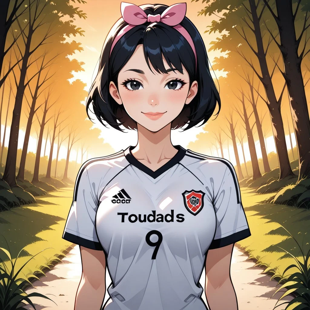 score_9, score_8, BREAK, solo, total drama, 1girl, short black hair, pink headband, pink head bow, black eyes, lips, RiverPlate, striped shirt, striped, shirt, white shirt, short sleeves, clothes writing, sportswear, soccer uniform, EllaTD, cute, sexy pose, self portrait, smile, looking at viewer, outdoors, sunlight, shadows, evening lighting, natural lighting, forest, trees, grass, orange sky, sunset