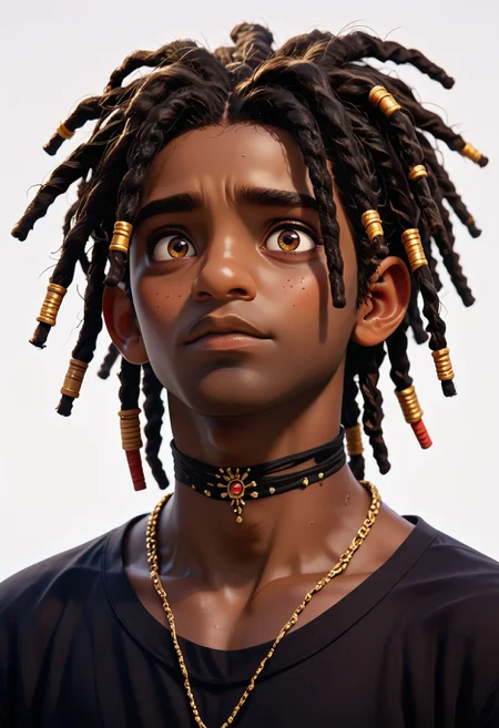 score_9,score_8_up,score_7_up, <lora:3d_render_pdxl_goofy:1>3d render, dreadlocks, very dark skin, 1boy, dark-skinned male, male focus, jewelry, necklace, choker, brown eyes, shirt, freckles, simple background, black hair, white background