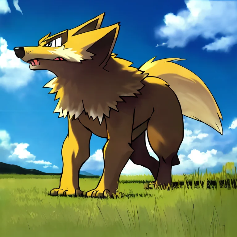 masterpiece, best quality, generation 1, no humans, wolf, grass, angry, fur, blue sky, clouds <lora:Pokemon (Style):1>