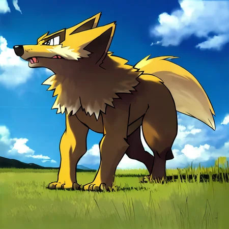 masterpiece, best quality, generation 1, no humans, wolf, grass, angry, fur, blue sky, clouds <lora:Pokemon (Style):1>