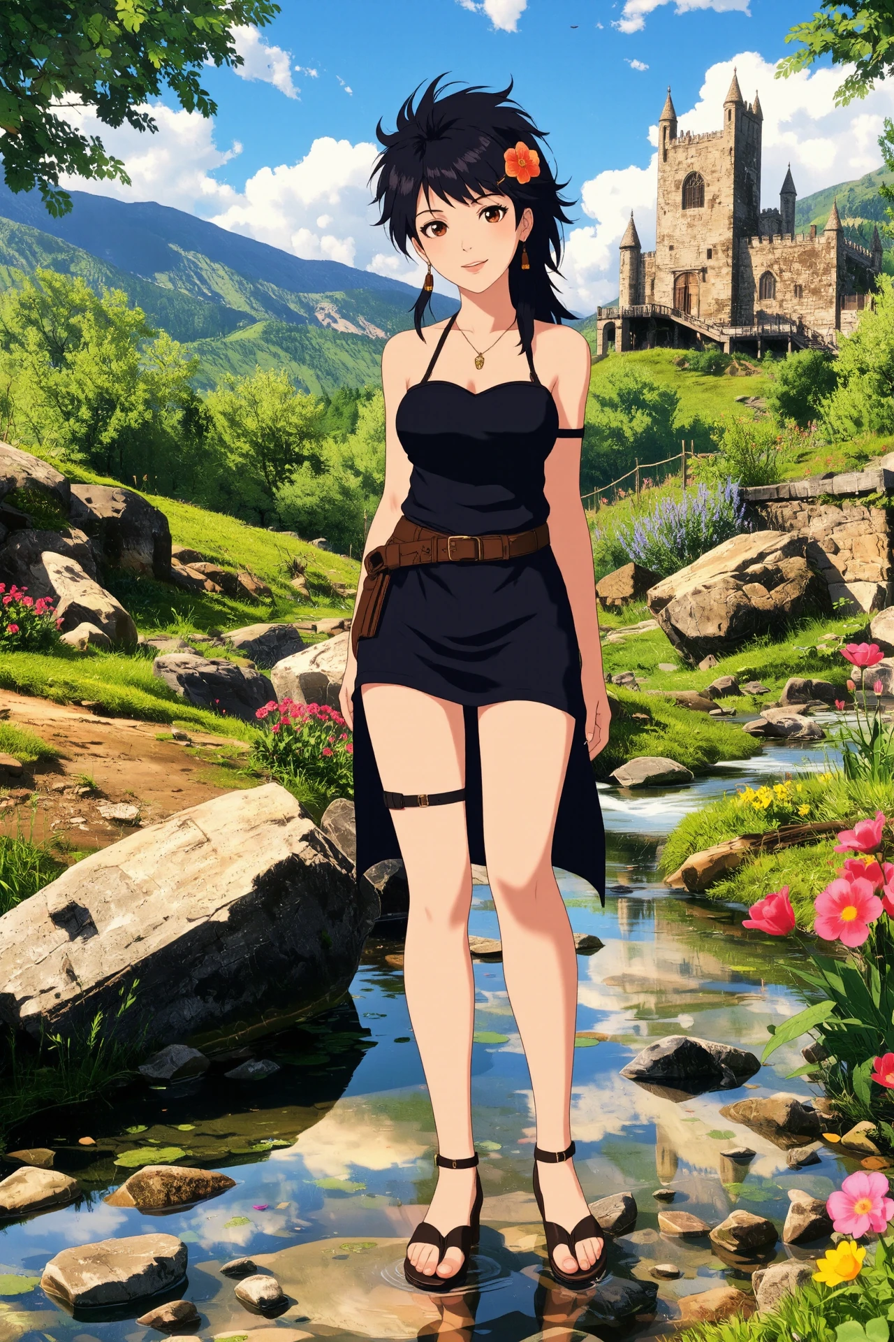 Serbian mohawk black hair (young woman), (druid:1.2), anime, illustration, (extremely detailed), (portrait), (standing:1.2), (happy smile), flower in hair, glossy lipstick, celtic necklace, linear earrings, loincloth, (sandals),  Black (druid short dress), (legs), heels, (sharp focus),  fantasy, (beautiful celtic landscape:0.9), (small rock:0.9), (moss:0.4), (ripples, reflections:0.8), celtic  castle, (small river small pond:0.5), druid forest, (druid village:1.2), (stunning nature environment:0.8), (enchanted land:0.5), clovers, (Bright Navy flowers:0.9), leaves,bright (sunny sky), (sunset:0.3), best quality, colorful, wet floor, raytracing, hdr, high contrast, ethereal natural lights, backlight, (lens flare:0.4), shadows, (vibrant colors, colorful):0.6, pretty, beautiful, happy, smiling, feminine, sexy, lovely, in love, adorable, fashion,  <lora:Hand v2:1> <lora:Anti-Blur:1> <lora:RetroAnimeFluxV1:0.4> <lora:Luminous_Shadowscape:0.4>  <lora:SujatmikoArafuru_Flux:0.2> Suzume style
