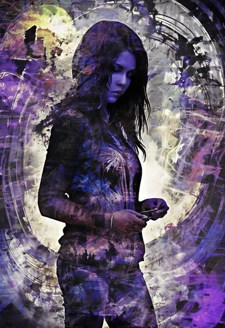 a world inside me, street, epic fantasy, dark fantasy, gritty, real, graffiti, long hair, (((silhouette))), expressionism art, fractals, stopwatch, deep purple and gray, at dusk, cinecolor, (dimmed colors:1.1), hdr, mentixis, linquivera