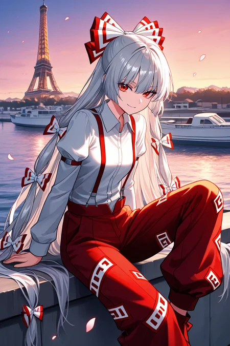 masterpiece, best quality, 1girl, solo, 21 year old model, eyelashes, (beautiful eyes), ,,, <lora:FujiwaraNoMokouTouhouIXL:1.0>, zzMokou, red eyes, hair between eyes, grey hair, hair bow, hair ribbon, long hair, very long hair, white hair bow, suspenders, white shirt, shirt, long sleeves, pants, white bow, red pants, collared shirt,,,, zzEiffelTower in background, sitting, watercraft, boat, sitting on wall, side view, looking at viewer, smile,,, blooming stars, luminescent petals, otherworldly fragrance blurry background, <lora:EiffelTowerIXL_v2:1.0>,