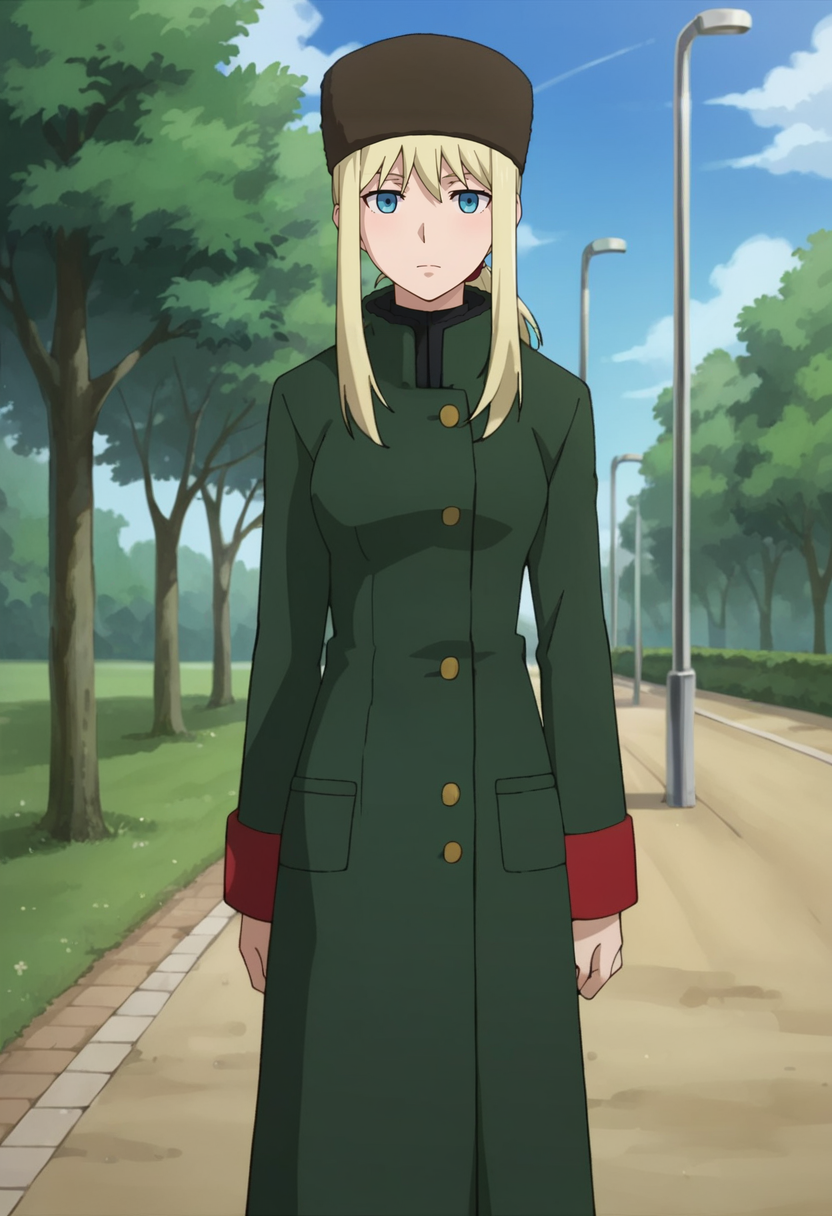 score_9,score_8_up,score_7_up,score_6_up,score_5_up,score_4_up,anime coloring BREAK source_anime,anime,<lora:Tanya_Akulova_Darker_than_Black_Pony:0.7>,tanyadtb,1girl,solo,blue eyes,blonde hair,ponytail,sidelocks,ushanka,long coat,standing,outdoors,park,