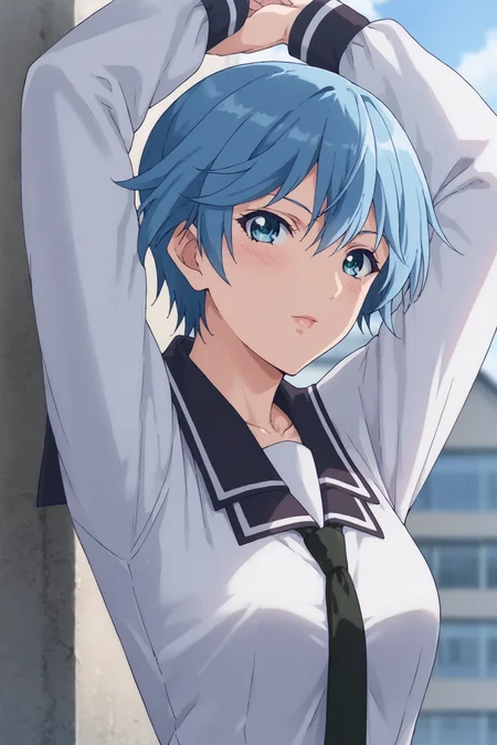 score_9, score_8_up, score_7_up, score_6_up, score_5_up, source_anime, rating_safe, outdoors, rooftop, 1girl, solo, looking at viewer, (arms up:1.5), (upper body:1.1), fuuka akitsuki, short hair, blue hair, blue eyes, fuukawinter, school uniform, black collar, double collar, white uniform, long sleeves, green necktie, black skirt, pleated skirt, black thighhighs, loafers, <lora:Fuuka_Akitsuki:0.9>, <lora:age_slider_v4:2>