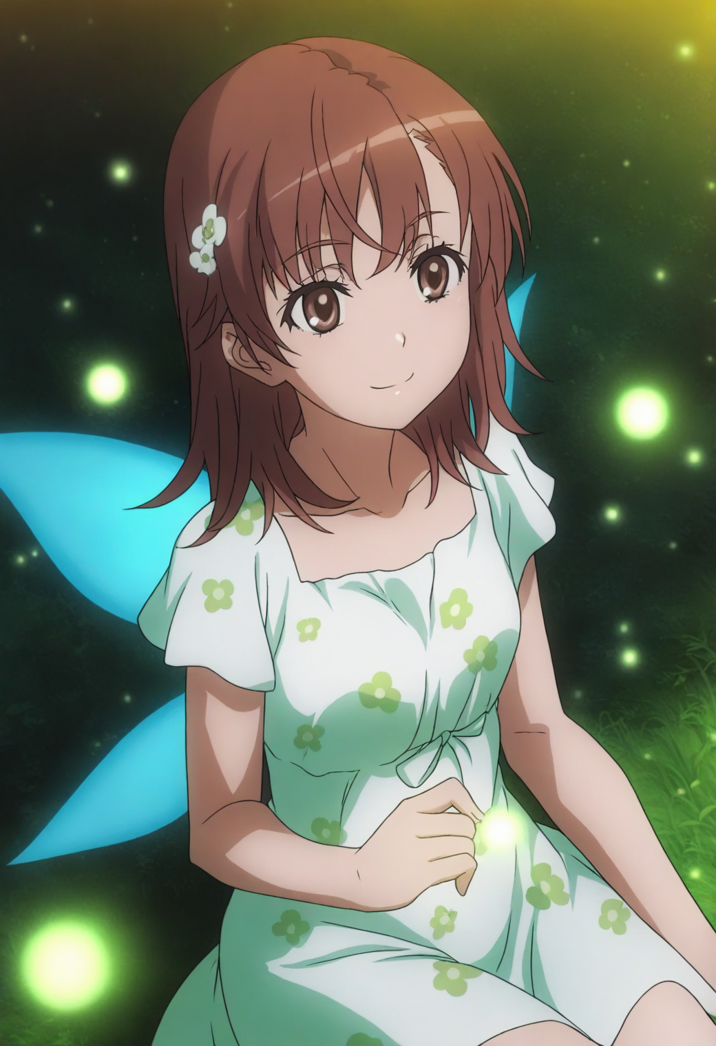 <lora:Mikoto Misaka - [A Certain Scientific Railgun] - illustriousXL v1:1>, sysdeep_mikoto, brown hair, brown eyes, medium hair, fairy ring, surrounded by fireflies, floral attire, soft smile, magical mood