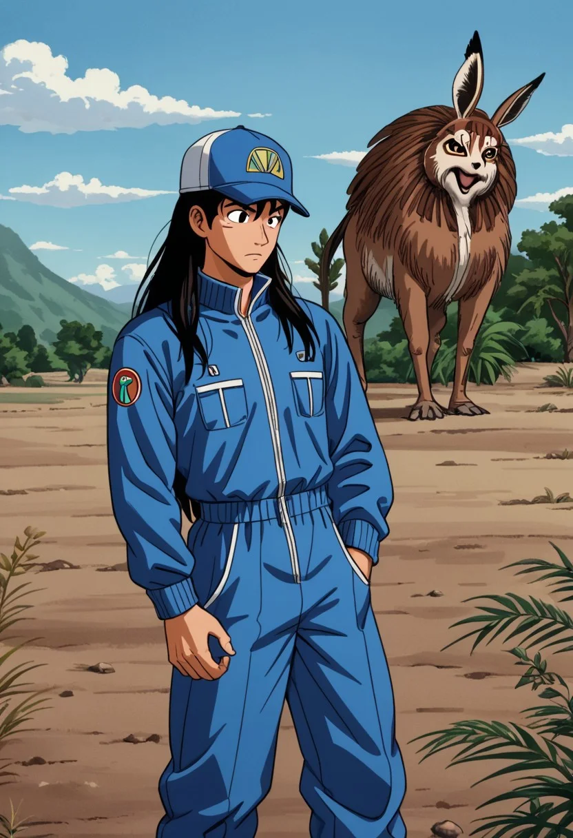 1boy, 4kira, drgbls1, long hair, Upa, native american, male, jumpsuit, cap,