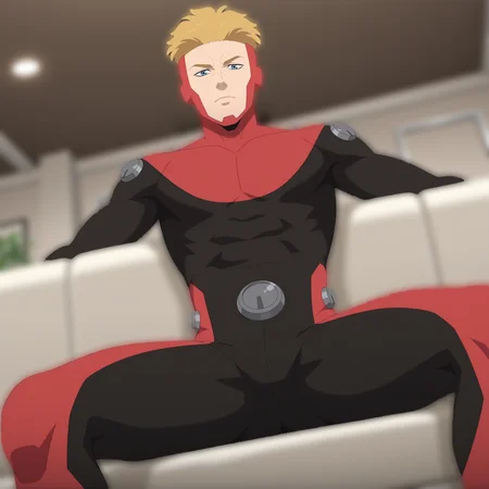 p0w3rpl3x, 1boy, male focus, blonde hair, blue eyes, highly detailed, intricate details, detailed background, solo, angle from below, from below, sitting, indoors, white sofa, on sofa, living room, spread legs, relaxed, relaxing, red mask, red and black bodysuit, metal circles, looking at viewer, serious face,  <lora:Powerplex:1>