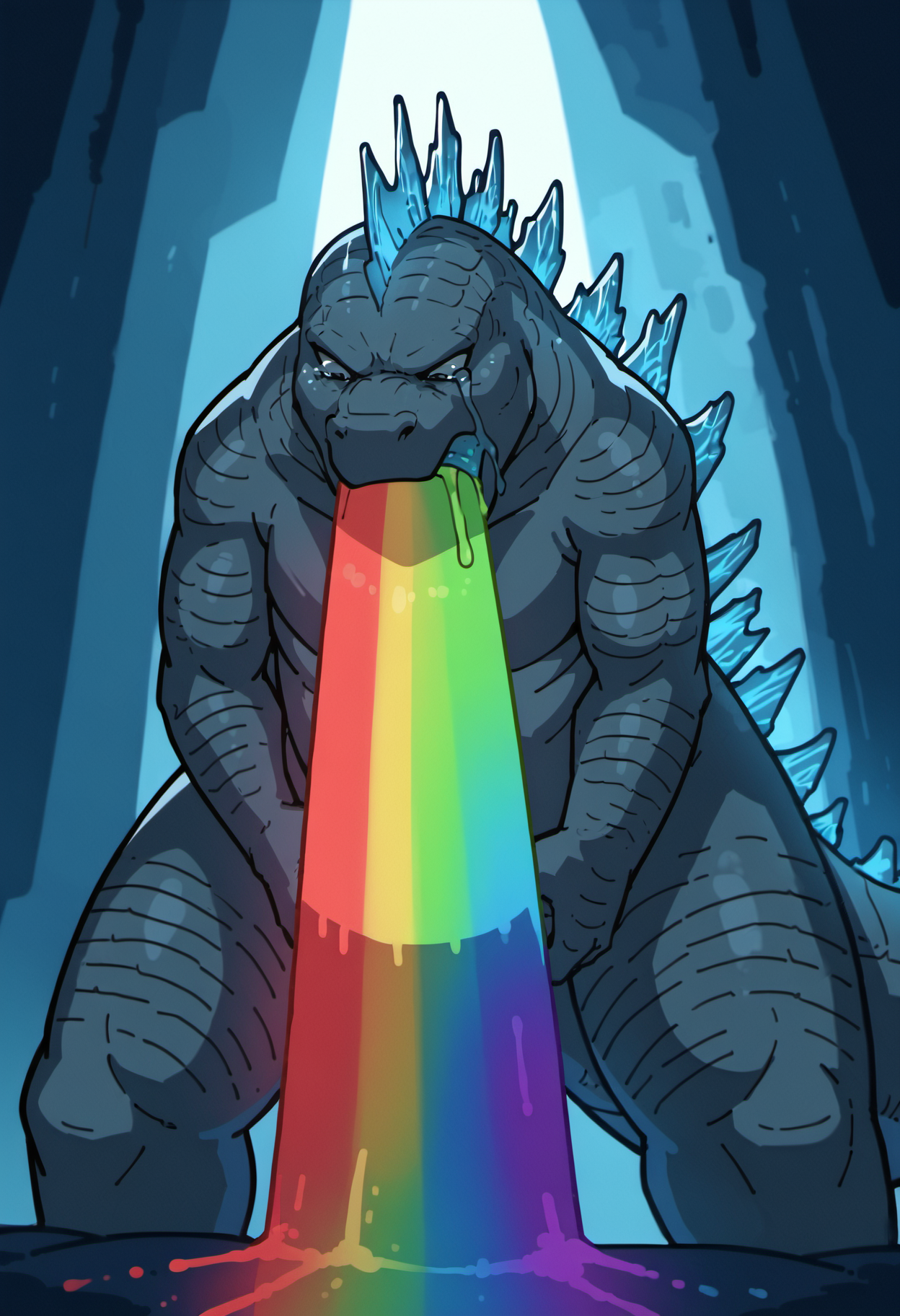 score_9, score_8_up, score_7_up, score_6_up, BREAK, RAW, image of a <lora:Godzilla_PONY_XL_Ver:1>, godzilla, kaijuu, glowing spines, rainbow coming out from mouth, [<lora:Rainbow_vomit_meme:0.5>::0.75], looking down, leaning forward, tears, disgust, rainbow, (vomiting rainbows:1.1), vomit