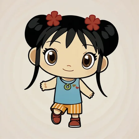 score_9, score_8_up, score_7_up BREAK Kailan, 1girl, black hair, odango hairstyle, brown eyes, red flower-hairclips, light blue tank top, necklace, vertical stripes orange shorts, red shoes with white accents, smiling at viewer, full body, chibi, chibi size,