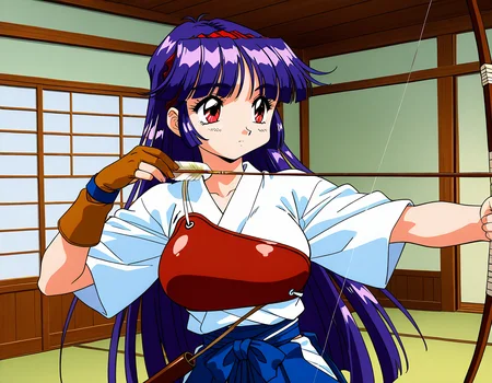 general,highres, ultra-detailed,very aesthetic,best quality ,best hands,  BREAK  <lora:Shiraishi_Yumiko_IS:1>ShiraishiYumiko, long hair, red eyes, red hairband, purple hair, large breasts, blunt bangs,
1girl, bow (weapon), weapon, holding bow (weapon), solo, gloves, 1990s (style), holding weapon, retro artstyle, holding, arrow (projectile), japanese clothes, kyuudou, archery, drawing bow, holding arrow, yugake, hakama, muneate, hakama skirt, partially fingerless gloves, single glove, fingerless gloves, skirt, blue hair,
Japanese room,
