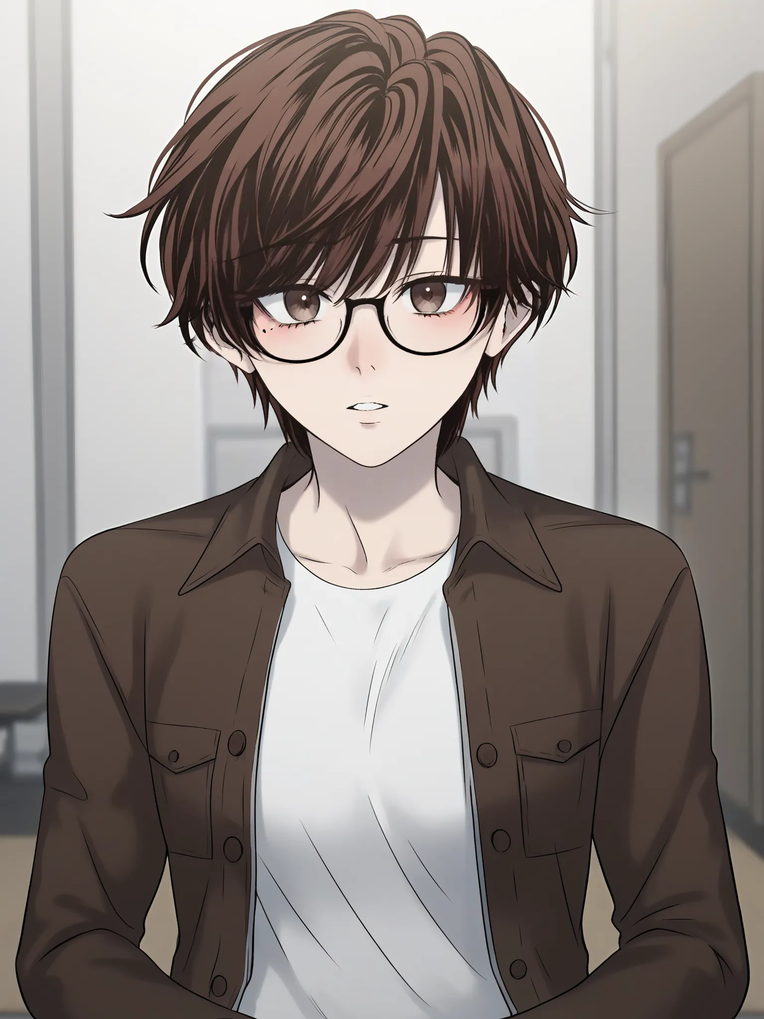 uncensored, score 9 up, score 8 up,
 <lora:The_Guy_Upstairs_Rozana_Rozy_Character_PonyXL:1>,rozana_rozy, brown eyes, brown hair, glasses, short hair, black-framed eyewear, upper body, long sleeves, , open clothes, white shirt, mole under eye, parted lips, indoors, open jacket, 1girl, looking at viewer, male pov, vaginal sex, sex,