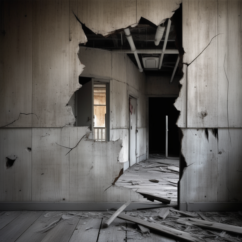 hole,A photorealistic image of a cracked wooden wall, with splinters and jagged edges, revealing a glimpse into an abandoned hospital. The hospital should evoke a sense of dread and unease, perhaps with flickering lights, peeling paint, and old medical equipment scattered around. The wooden wall should have realistic textures, showing signs of age and decay, as if it has been standing for years. The cracks in the wood should be large enough to give a clear view into the unsettling hospital scene, but not so large as to reveal everything. The atmosphere should be thick with tension, making the viewer wonder what happened in this forsaken place, <lora:hole2:0.6>