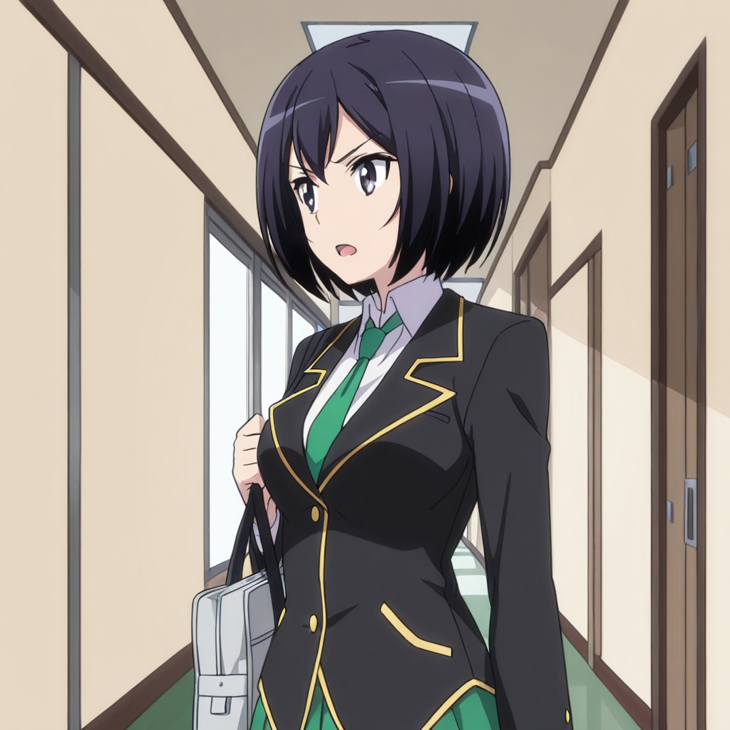 nsfw, masterpiece, best quality, 1girl, solo, jokamachi_no_danderaion_kanade_sakurada, standing, school uniform, black hair, short hair, necktie, bag, open mouth, jacket, green necktie, black eyes, blazer, skirt, hallway,  <lora:Kanade_Sakurada_-_Jokamachi_no_Danderaion:0.7>
