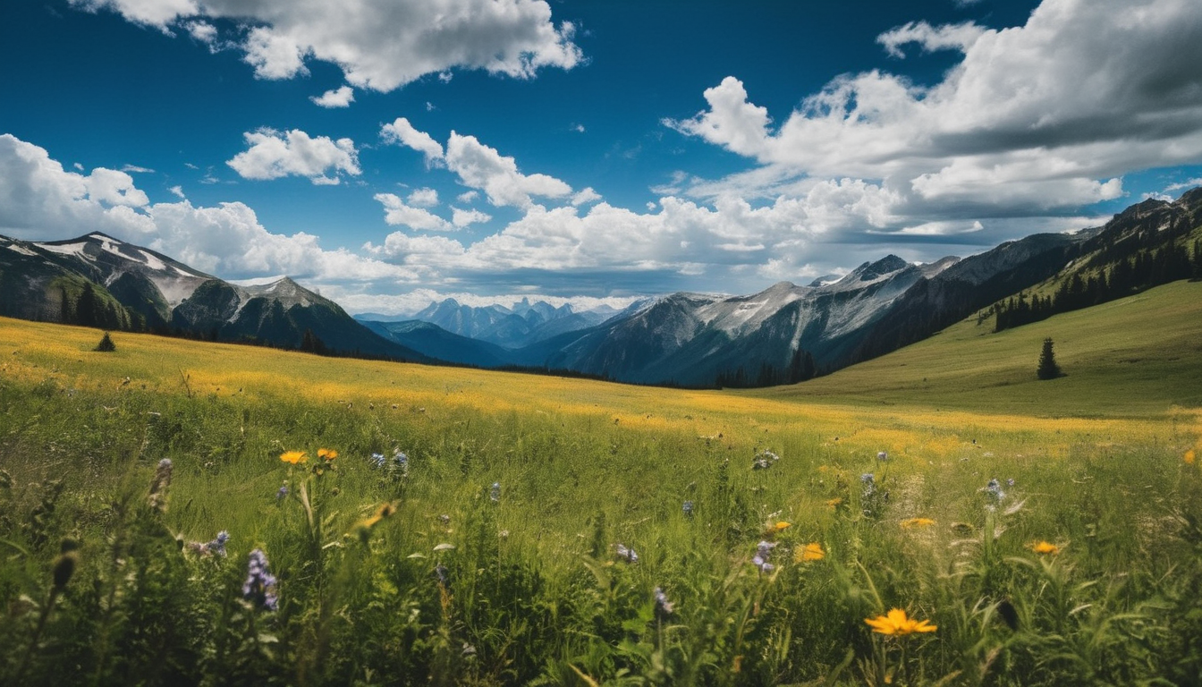 landscape photography by Melissa Stemmer, mountains, blue sky, clouds, meadow <lora:melissa-stemmer-1.0:1>