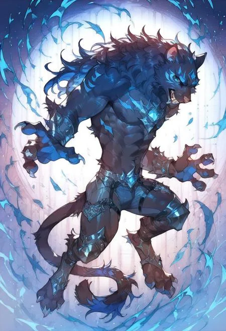 score_9, score_8_up, score_7_up, score_6_up, score_5_up, furry, anthro, claws, black fur, blue fur details, floating, cat, black and blue spikes coming out of the back, King of Extinction Phono, solo, perfect hands, ((4 fingers)),1 tail