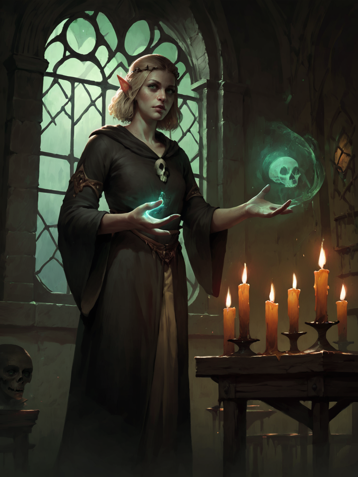 adult woman, elf, green eyes, blonde hair, necromancer, black robe, standing, practicing magic, potions and green crystals on the table, skull, candles, window, dark magic, night, solo, indoors, <lora:GWENTXLV3:0.8>, score_9, score_8_up, score_7_up, realistic