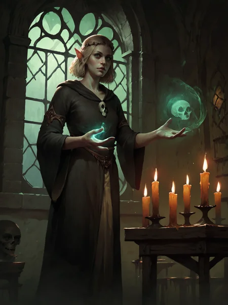 adult woman, elf, green eyes, blonde hair, necromancer, black robe, standing, practicing magic, potions and green crystals on the table, skull, candles, window, dark magic, night, solo, indoors, <lora:GWENTXLV3:0.8>, score_9, score_8_up, score_7_up, realistic