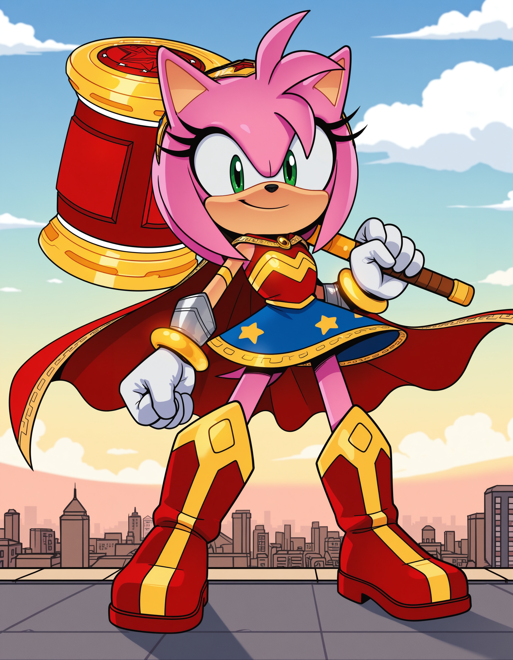 1girl, solo, no humans, petite, full body, daytime, blue sky, cloud,
<lora:WonderAmy_v1:1> wonderamy, alternate costume, amy rose, gold trim, red cape, white gloves, bracer, gold hairband, blue skirt, sleeveless, breastplate, armored boots, star \(symbol\), star print, bare shoulders, armlet, miniskirt, gold brooch, brooch, red shirt, gold bracelet, tail through clothes,
outdoors, city, weapon over shoulder, hammer, holding hammer, smile, looking at viewer, wind, official style, standing