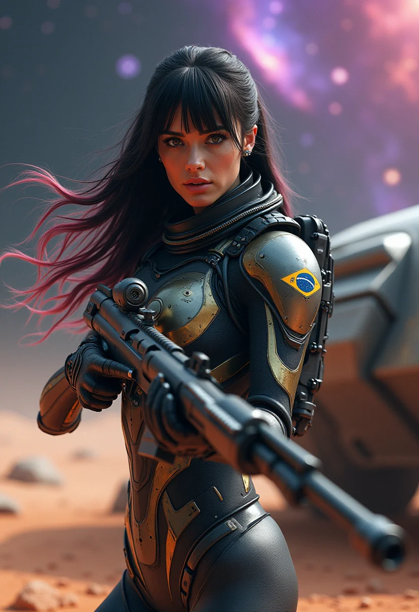An ultra-realistic, cinematic scene featuring a female astronaut on a mission in a stunning Brazilian space setting. She has long hair with colored streaks and bangs, flowing gently in the zero-gravity environment. She is clad in a skin-tight teal body armor with dark blue accents, designed with intricate details that showcase advanced technology. A small, proudly displayed Brazilian flag is engraved on her suit, adding a touch of national pride. She holds a high-tech assault rifle, aiming directly at the viewer with a focused and determined expression. The astronaut stands next to a heavily armored vehicle on the rocky, dusty surface of an alien planet, the terrain rough and unyielding. The lighting is dramatic and dynamic, with sharp contrasts that highlight the contours of her armor and the texture of the environment. The backdrop is a breathtaking display of nebulas in vibrant, colorful hues, adding depth and beauty to the scene. The composition is perfect, with every detail meticulously rendered to create a photorealistic image that feels like a still from a high-budget sci-fi movie. This image is a masterpiece of cinematic storytelling and visual artistry, ideal for anyone who appreciates high-detail, immersive space scenes.