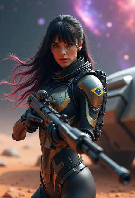 An ultra-realistic, cinematic scene featuring a female astronaut on a mission in a stunning Brazilian space setting. She has long hair with colored streaks and bangs, flowing gently in the zero-gravity environment. She is clad in a skin-tight teal body armor with dark blue accents, designed with intricate details that showcase advanced technology. A small, proudly displayed Brazilian flag is engraved on her suit, adding a touch of national pride. She holds a high-tech assault rifle, aiming directly at the viewer with a focused and determined expression. The astronaut stands next to a heavily armored vehicle on the rocky, dusty surface of an alien planet, the terrain rough and unyielding. The lighting is dramatic and dynamic, with sharp contrasts that highlight the contours of her armor and the texture of the environment. The backdrop is a breathtaking display of nebulas in vibrant, colorful hues, adding depth and beauty to the scene. The composition is perfect, with every detail meticulously rendered to create a photorealistic image that feels like a still from a high-budget sci-fi movie. This image is a masterpiece of cinematic storytelling and visual artistry, ideal for anyone who appreciates high-detail, immersive space scenes.